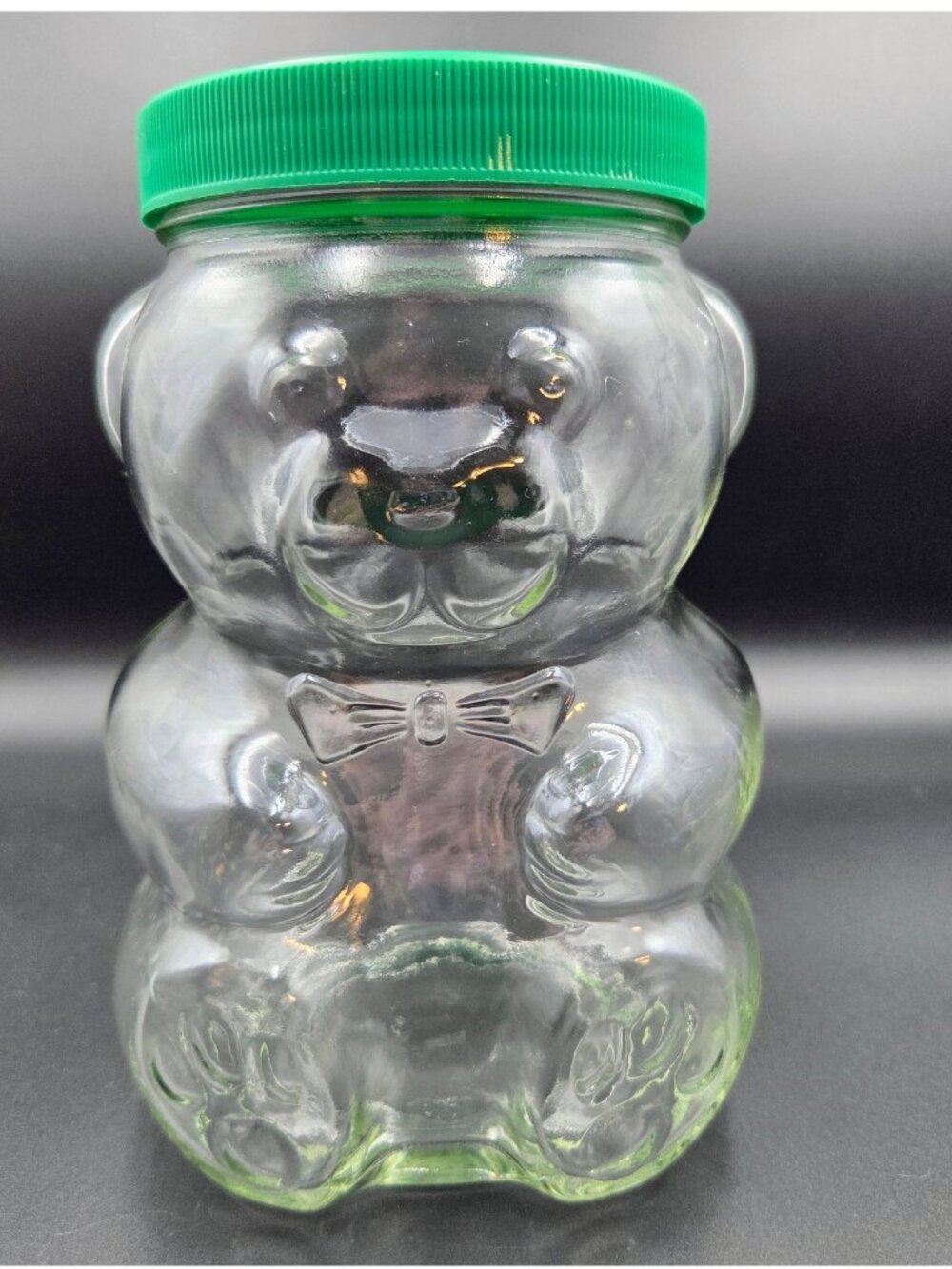 Vintage Kraft Peanut Butter Glass Jar Piggy Bank Bear Canadian Clear Green Read